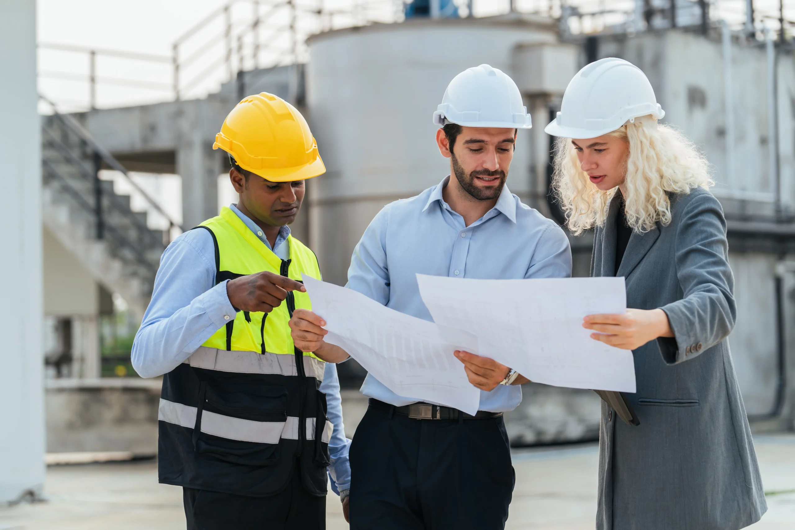 Three people are standing together, one of them is wearing a yellow vest. They are looking at a piece of paper