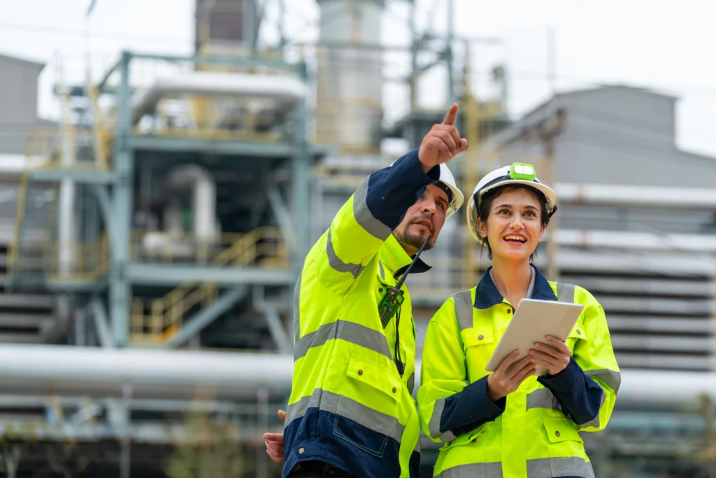 Man and woman petrochemical engineer teamwork meeting discussion at petroleum oil refinery industry area. Industrial factory technician worker working maintenance manufacturing energy power gas system