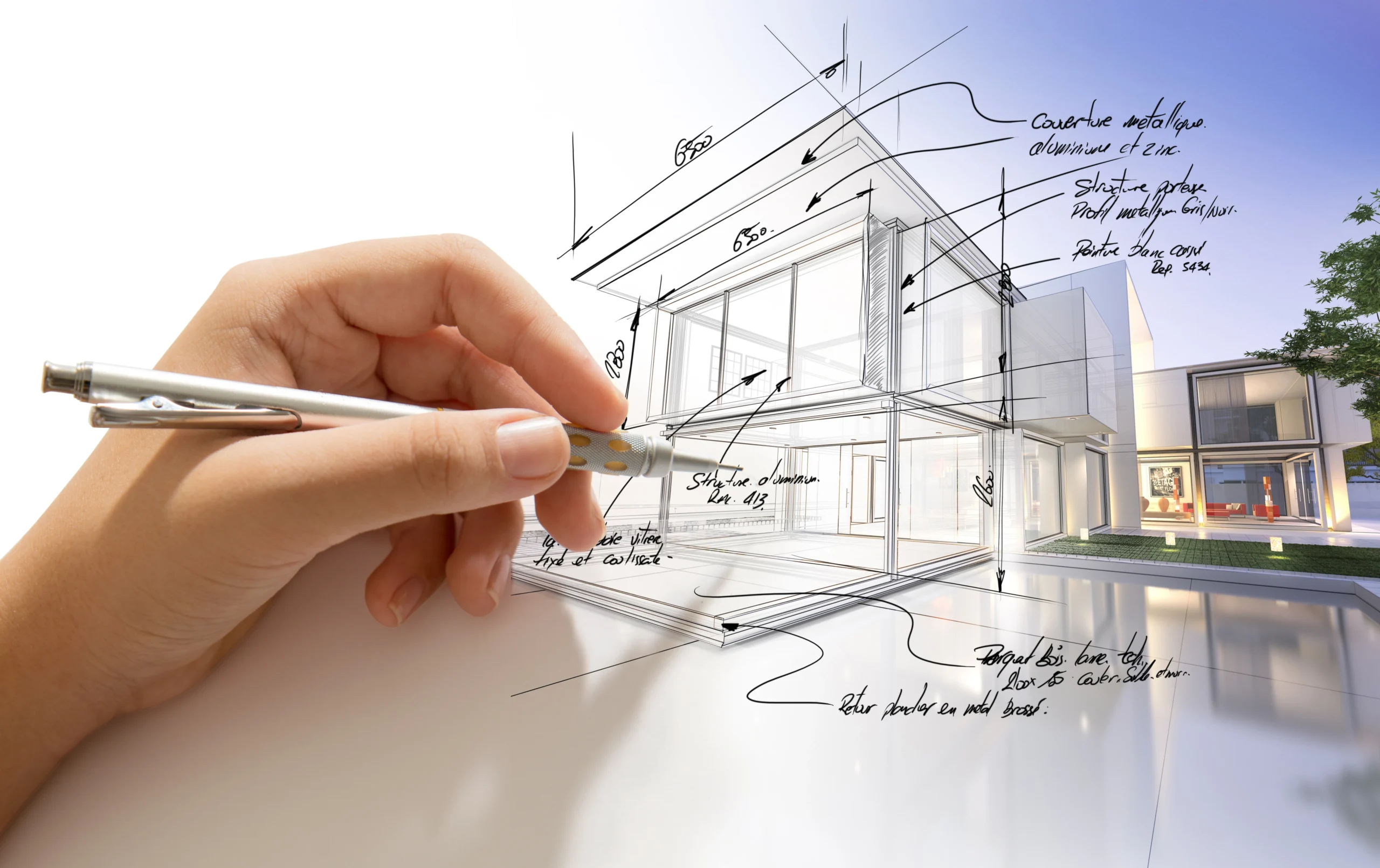 Hand drafting a design villa and the building becoming real