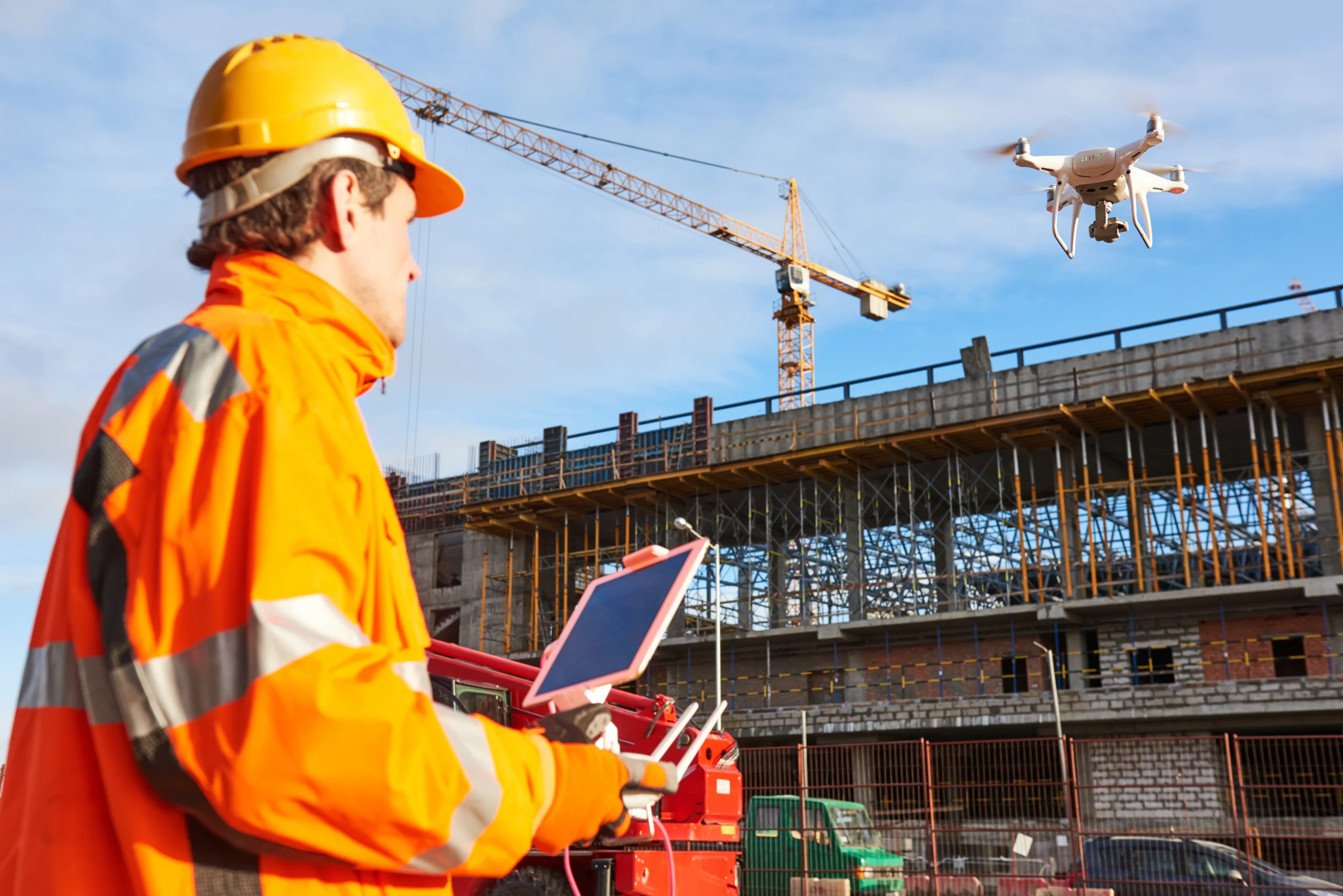 Drone operated by construction worker on building site