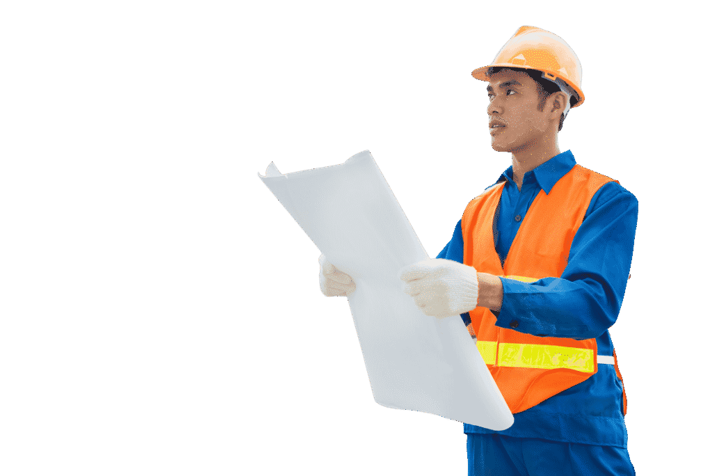 Image of a foreman with a blueprint on the construction site