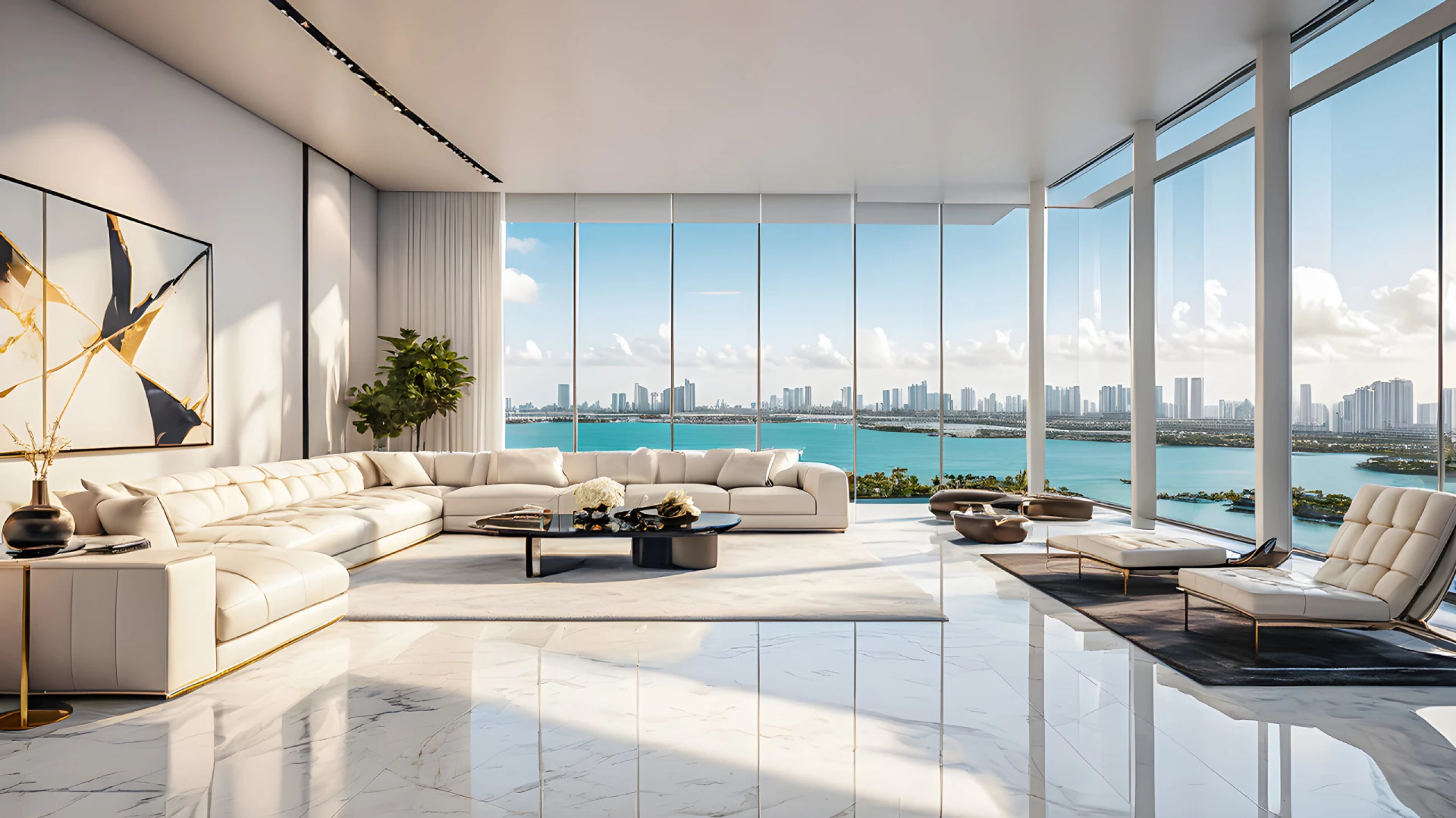 Modern loft living room area wide views of bay city. Beautiful minimalist white interior, luxury furniture, big windows, elegant decorations penthouse modern new home. Sunny sea view. AI generated