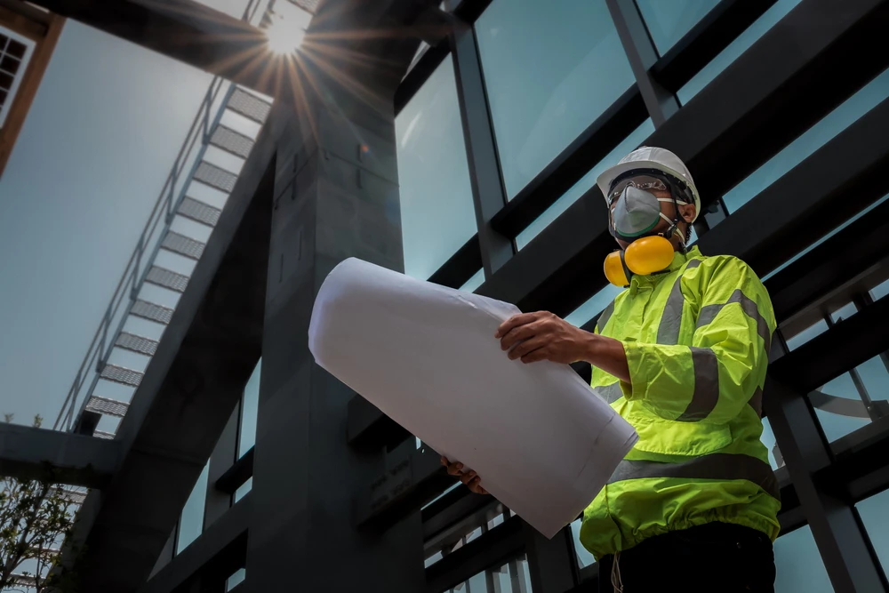 Civil,Engineering,People,Wearing,Face,Mask,And,Safety,Helmet,On
